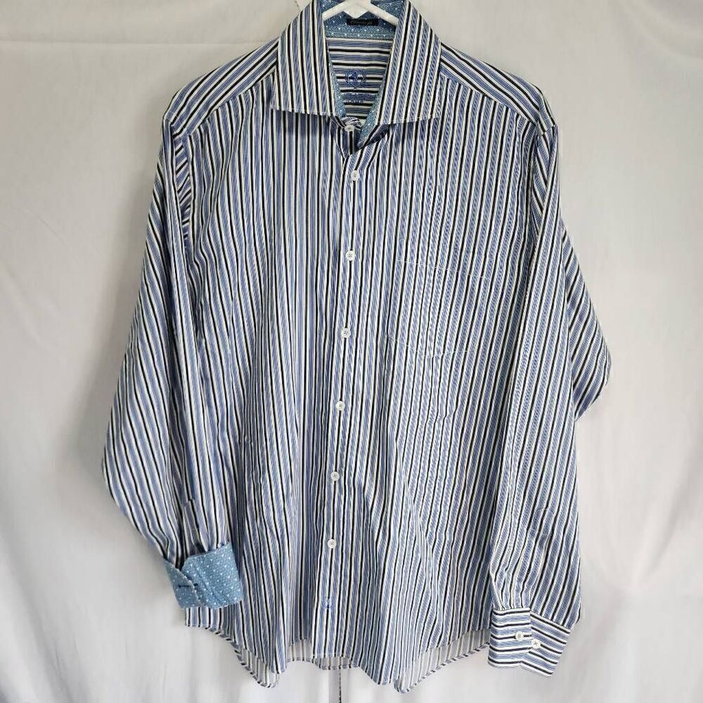 Bugatchi Uomo Men's Button Up Dress Shirt Size Large Blue and White Stripe C27